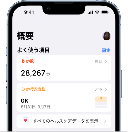 「ヘルスケア」の「概要」画面。「よく使う項目」の下に、歩行安定性に関する情報が表示されています。