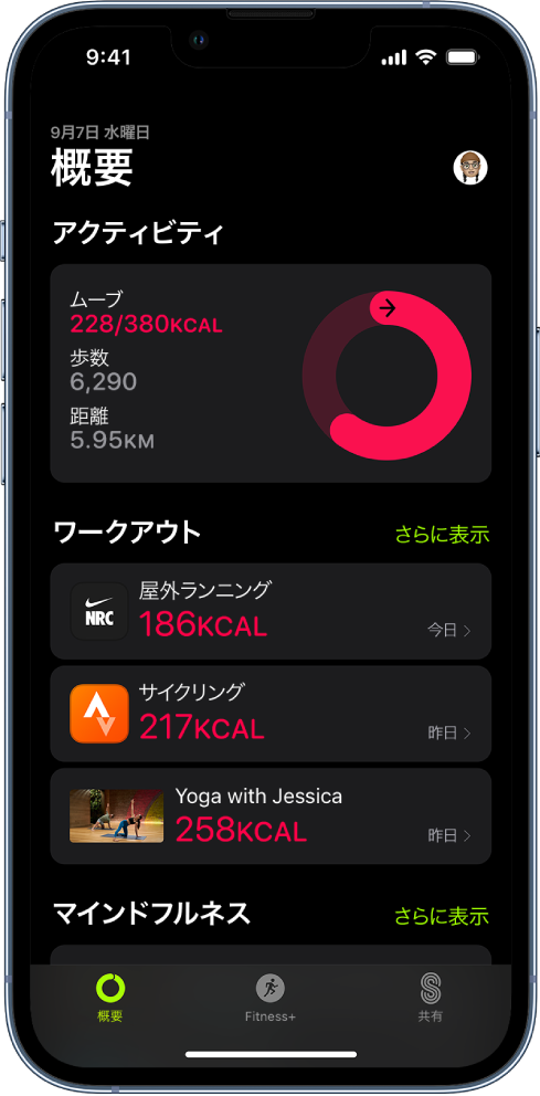 「フィットネス」の「概要」画面。「アクティビティ」、「ワークアウト」、「マインドフルネス」の領域が画面上にあります。画面下部には「概要」、「Apple Fitness+」および「共有」の各タブがあります。
