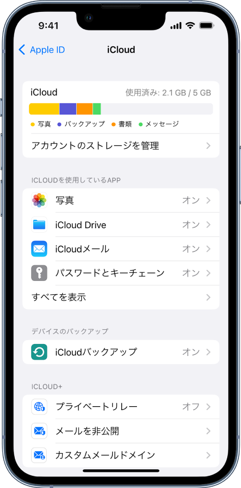 iCloud設定画面。iCloudストレージメーターと、「写真」や「メール」など、iCloudと連携するAppと機能のリストが表示されています。