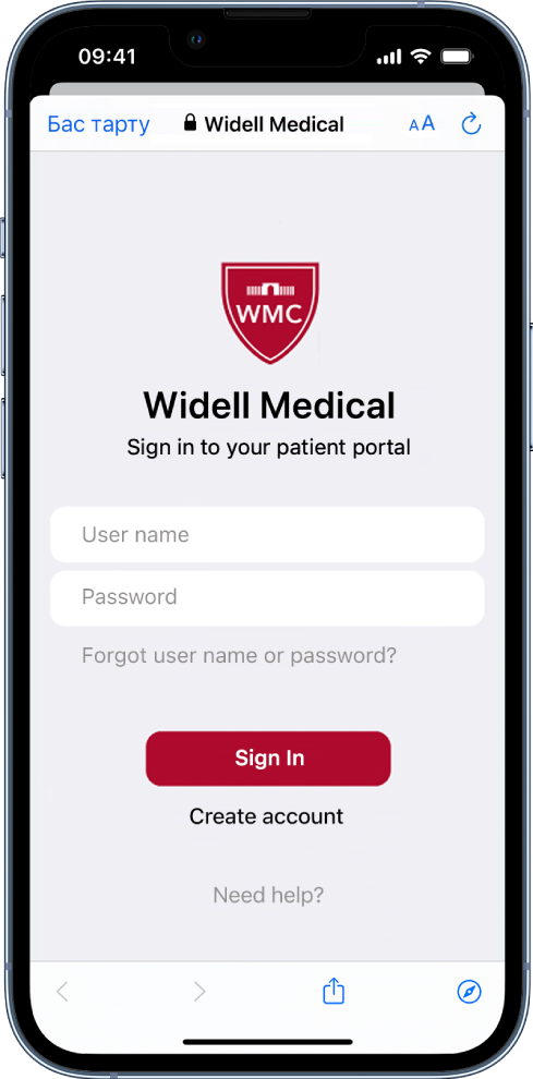 iPhone құрылғысындағы денсаулық сақтау мекемесіне арналған емделушінің аккаунтқа кіру экраны.