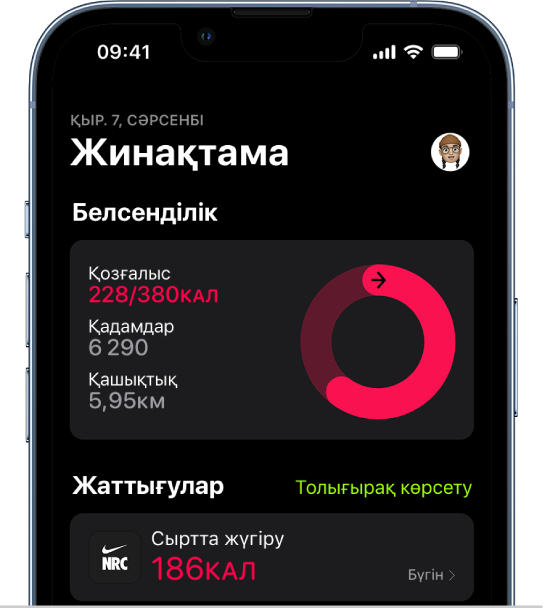 «Белсенділік» және «Жаттығулар» аймақтарын көрсетіп тұрған «Фитнес» қолданбасындағы «жинақтама» экраны.