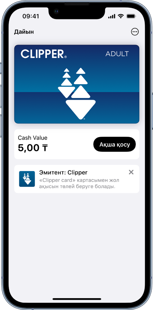Wallet қолданбасындағы көлік картасы. Карта балансы ортада «Ақша қосу» түймесінің жанында көрсетіледі.