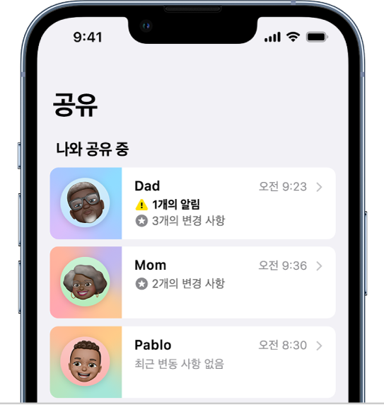공유 화면에 사용자와 데이터를 공유 중인 세 명의 사람이 표시됨.