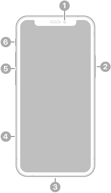 iPhone 12 mini의 전면. 상단 중앙에 전면 카메라가 있음. 오른쪽에 측면 버튼이 있음. 하단에 Lightning 커넥터가 있음. 왼쪽에는 아래에서 위로 SIM 트레이, 음량 버튼 및 벨소리/무음 스위치가 있음.