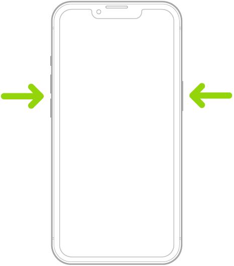 iPhone의 음량 버튼 및 잠자기/깨우기 버튼 위치를 나타내는 그림.