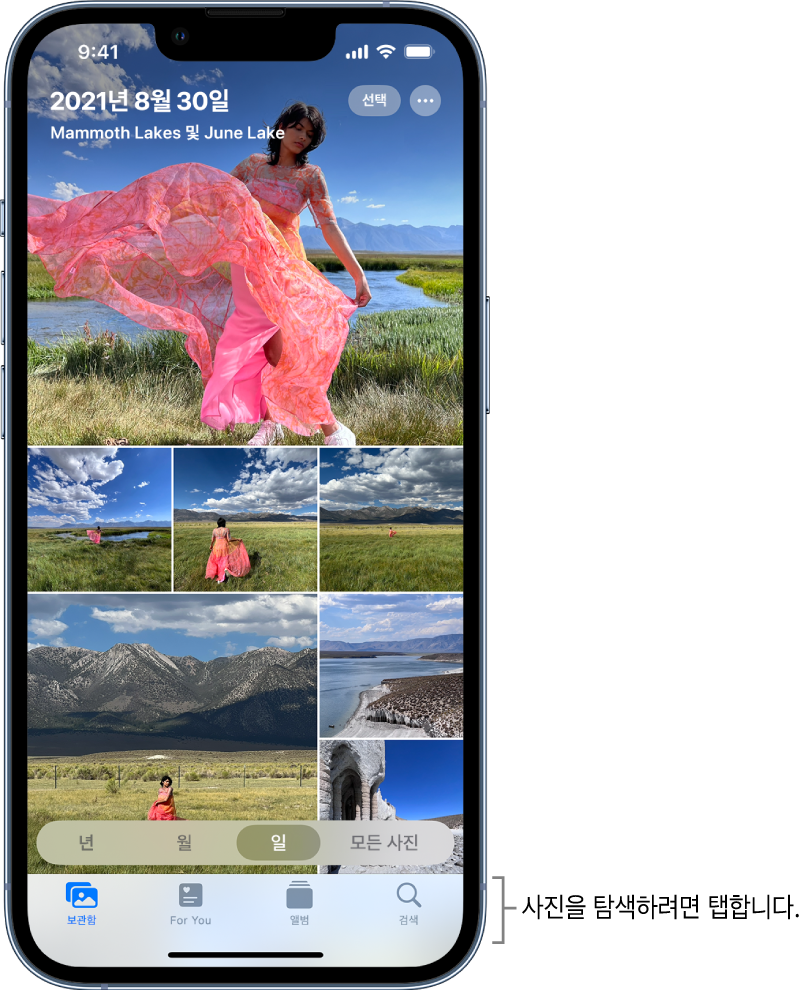 일별 보기로 표시된 사진 보관함. 사진 축소판 모음이 화면을 채우고 있음. 화면 왼쪽 상단에는 해당 사진을 찍은 날짜와 위치가 표시됨. 오른쪽 상단에는 사진을 공유하고 세부사항을 볼 수 있는 선택 및 추가 옵션 버튼이 있음. 축소판 아래에는 사진 보관함을 ‘년’, ‘월’, ‘일’ 및 ‘모든 사진’으로 보는 옵션이 있음. 하단에 보관함, For You, 앨범 및 검색 버튼이 나열됨.