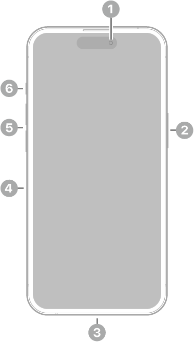 iPhone 14 Pro의 전면. 상단 중앙에 전면 카메라가 있음. 오른쪽에 측면 버튼이 있음. 하단에 Lightning 커넥터가 있음. 왼쪽에는 아래에서 위로 SIM 트레이, 음량 버튼 및 벨소리/무음 스위치가 있음.