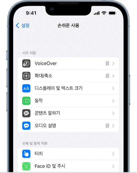 설정 앱의 손쉬운 사용 화면에 다음과 같은 내장 기능이 위에서 아래로 표시됨. VoiceOver, 확대/축소, 디스플레이 및 텍스트 크기, 동작, 콘텐츠 말하기 및 오디오 설명을 포함하는 시각 지원, 터치, Face ID 및 주시를 포함하는 신체 및 동작 지원.