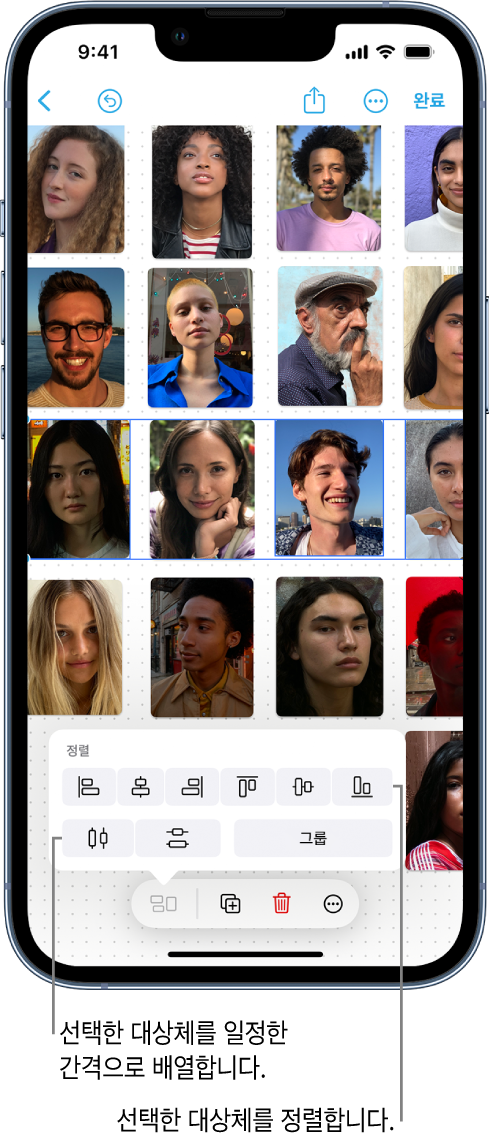 사진의 격자로 채워진 Freeform 보드. 한 열의 사진이 선택되었고 정렬 및 그룹화 도구가 표시됨.