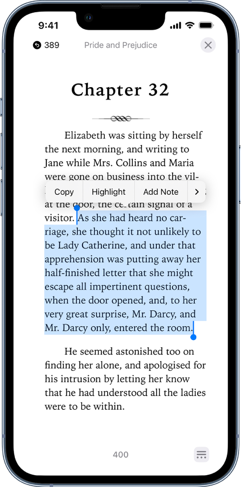 Programoje „Books“ rodomas puslapis, kurio dalis yra pažymėta. Valdikliai „Copy“, „Highlight“ ir „Add Note“ yra virš pažymėto teksto.