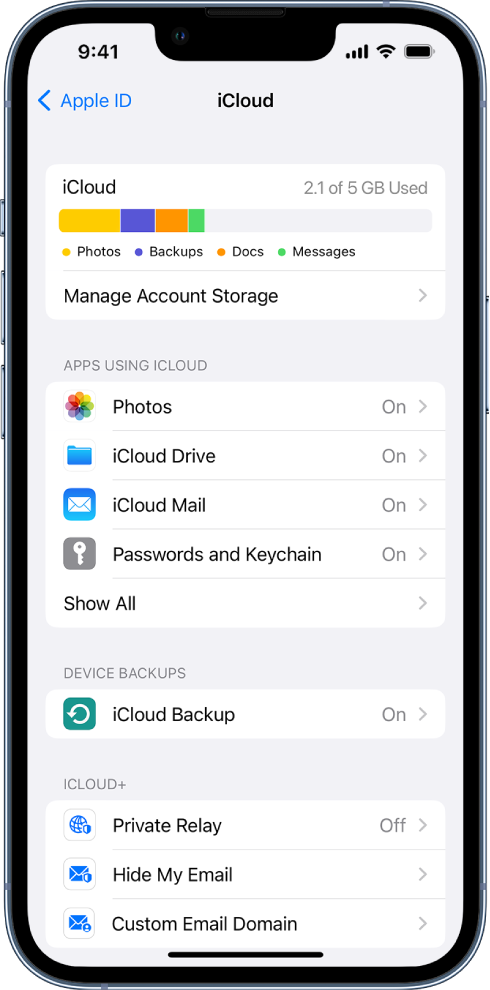 „iCloud“ nustatymų ekrane rodomas „iCloud Storage“ matuoklis, programų ir funkcijų, kurias galima naudoti su „iCloud“, sąrašas, įskaitant „Mail“, „Contacts“ ir „Messages“.