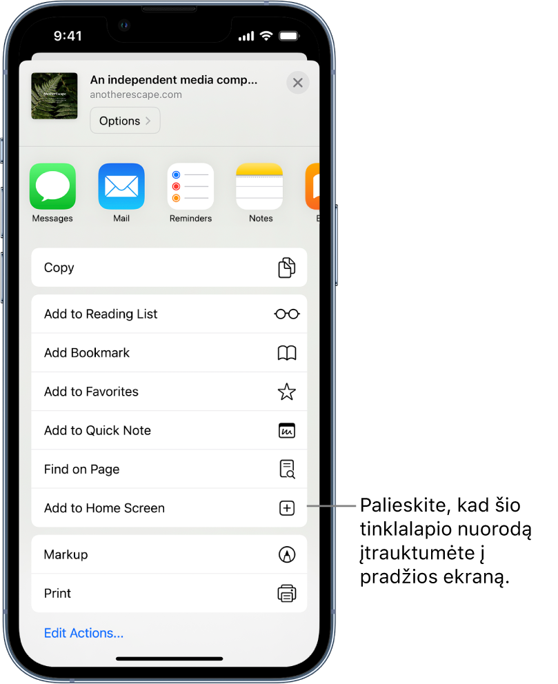 Programoje „Safari“ paliestas svetainės mygtukas „Share“, rodomas parinkčių sąrašas. Netoli ekrano apačios yra parinktis „Add to Home Screen“. Palieskite, kad šio svetainės nuorodą įtrauktumėte į pradžios ekraną.
