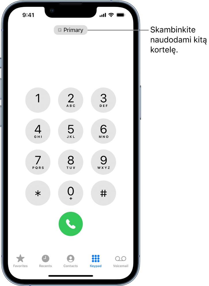 „Phone“ klaviatūra. Ekrano apačioje pateikti skirtukai (iš kairės į dešinę): „Favorites“, „Recents“, „Contacts“, „Keypad“ ir „Voicemail“.
