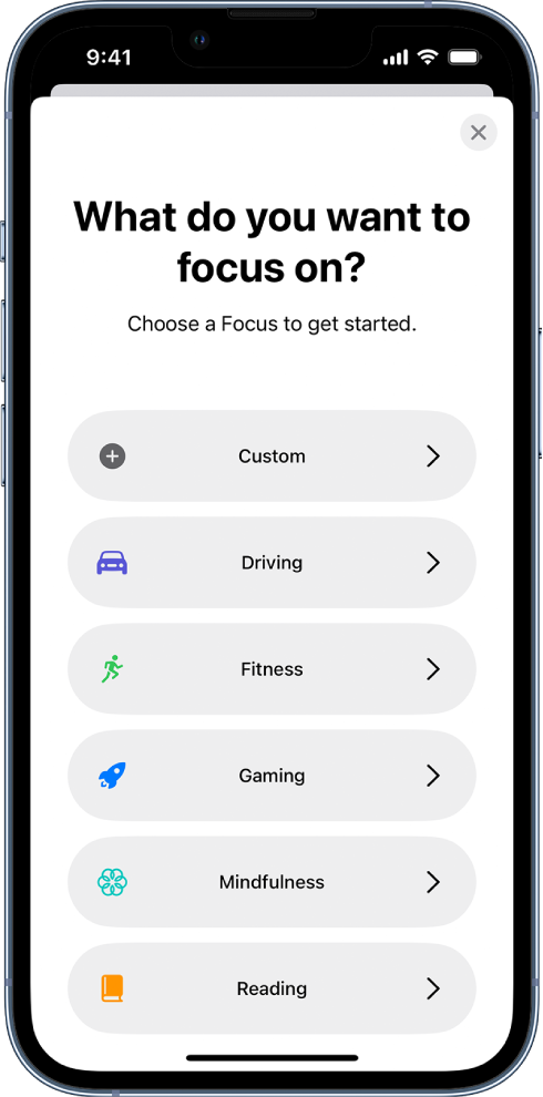 „Focus sąrankos ekranas, skirtas vienai iš papildomų pateiktų „Focus“ parinkčių, įskaitant „Custom“, „Driving“, „Fitness“, „Gaming“, „Mind“ ir „Reading“.