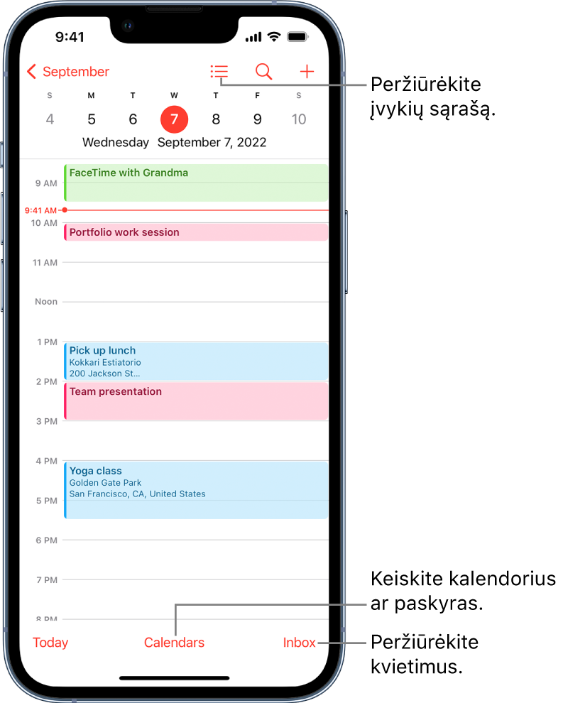 Kalendoriaus dienos rodinyje rodomi dienos įvykiai. Norėdami pakeisti kalendoriaus paskyras, tai galite padaryti naudodami ekrano apačioje esantį mygtuką „Calendars“. Apačioje dešinėje esantis mygtukas „Inbox“ sudaro galimybes peržiūrėti pakvietimus.