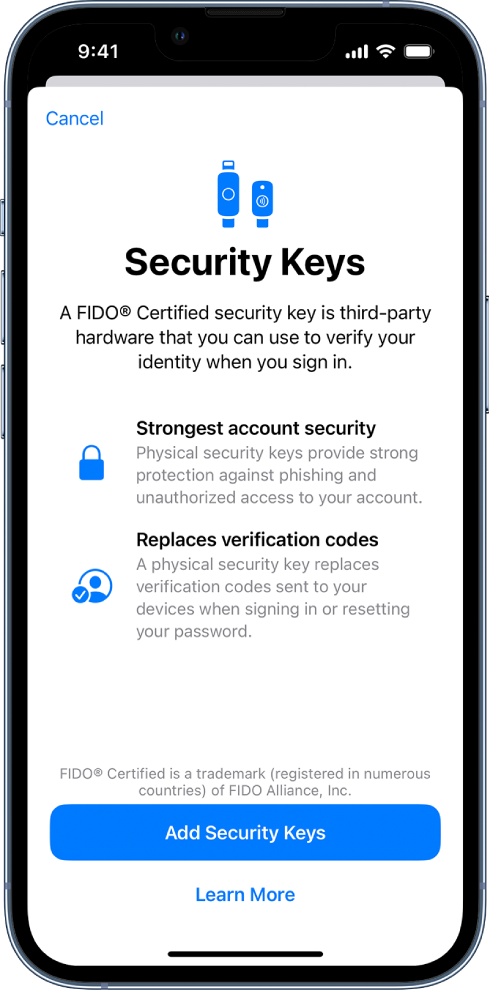 „Security Keys“ pasveikinimo ekranas. Šalia apačios yra mygtukas „Add Security Keys“ ir nuoroda „Learn More“. Virš jų yra aiškinamasis tekstas apie saugos raktų naudojimo naudą.