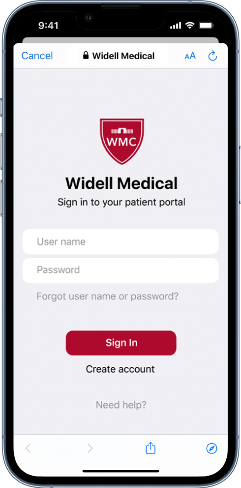 Medicinos institucijai skirtas paciento prisijungimo ekranas įrenginyje „iPhone“.