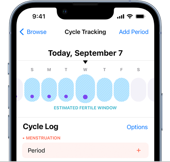 „Cycle Tracking“ ekranas su laiko juosta viršuje: rodomas numatomas vaisingumo laikotarpis.