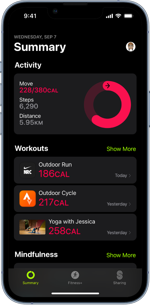 „Fitness“ suvestinės ekranas, ekrane rodomos sritys „Activity“, „Workouts“ ir „Mindfulness“. Ekrano apačioje yra kortelės „Summary“, „Apple Fitness+“ ir „Sharing“.