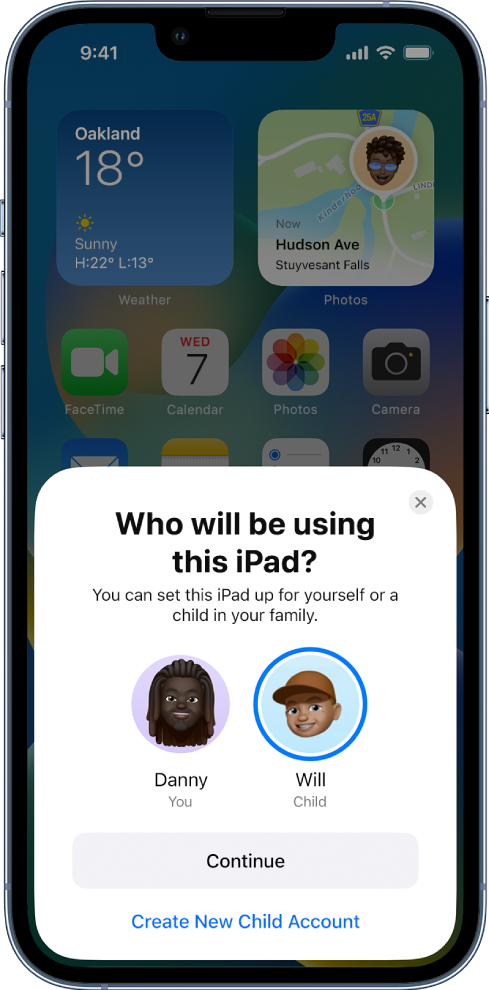 „Quick Start“ nustatymo ekranas, kuriame klausiama, kas naudos „iPad“: Danny (You) or Will (Child).