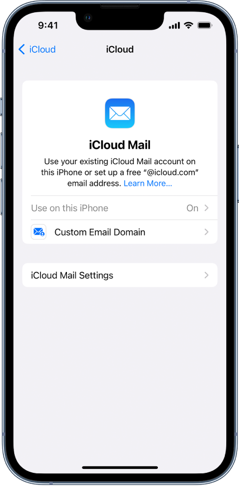 Viršutinė ekrano „iCloud Mail“ pusė: įjungta parinktis „Use on this iPhone“. Žemiau yra „Custom Email Domain“ nustatymų ir „iCloud Mail“ nustatymų parinktys.