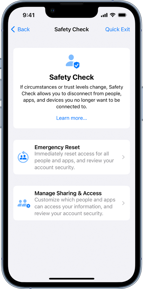 „Safety Check“ ekranas, kuriame matosi informacija apie funkciją ir mygtukai „Emergency Reset“ ir „Manage Sharing & Access“.