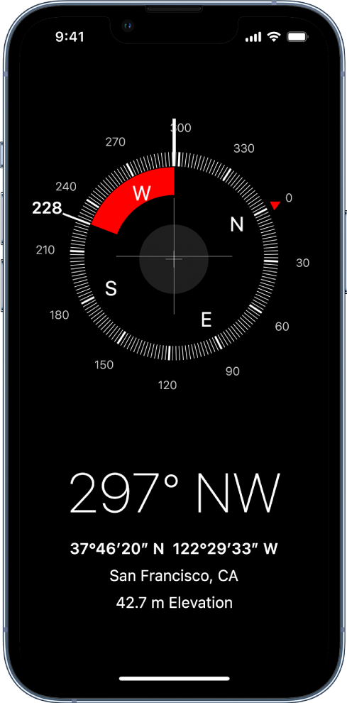 Ekranas „Compass“, kuriame nurodoma, kuria kryptimi rodo „iPhone“, dabartinė buvimo vieta ir aukštis.