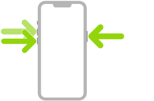 „iPhone“ paveikslėlis, kuriame rodyklės rodo į šoninį mygtuką viršuje dešinėje ir garsinimo bei tylinimo mygtukus viršuje kairėje.