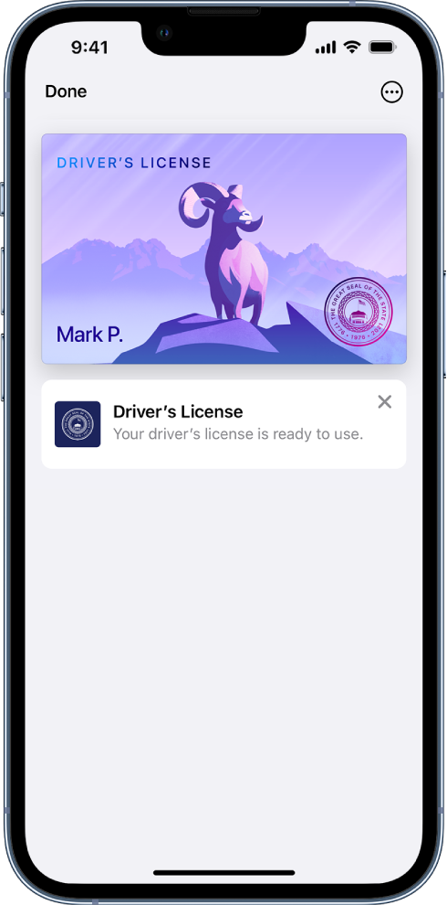 Autovadītāja apliecība lietotnē Wallet. Poga Done atrodas augšējā kreisajā stūrī, un poga Cancel ir augšējā labajā stūrī.