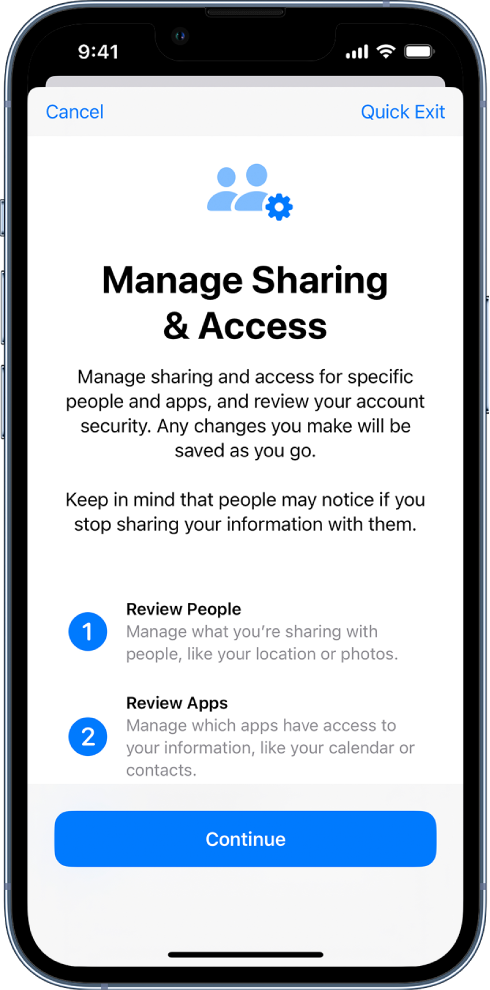 Ekrāns Manage Sharing & Access ar informāciju par to, kā darbojas funkcija. Poga Continue atrodas apakšā.