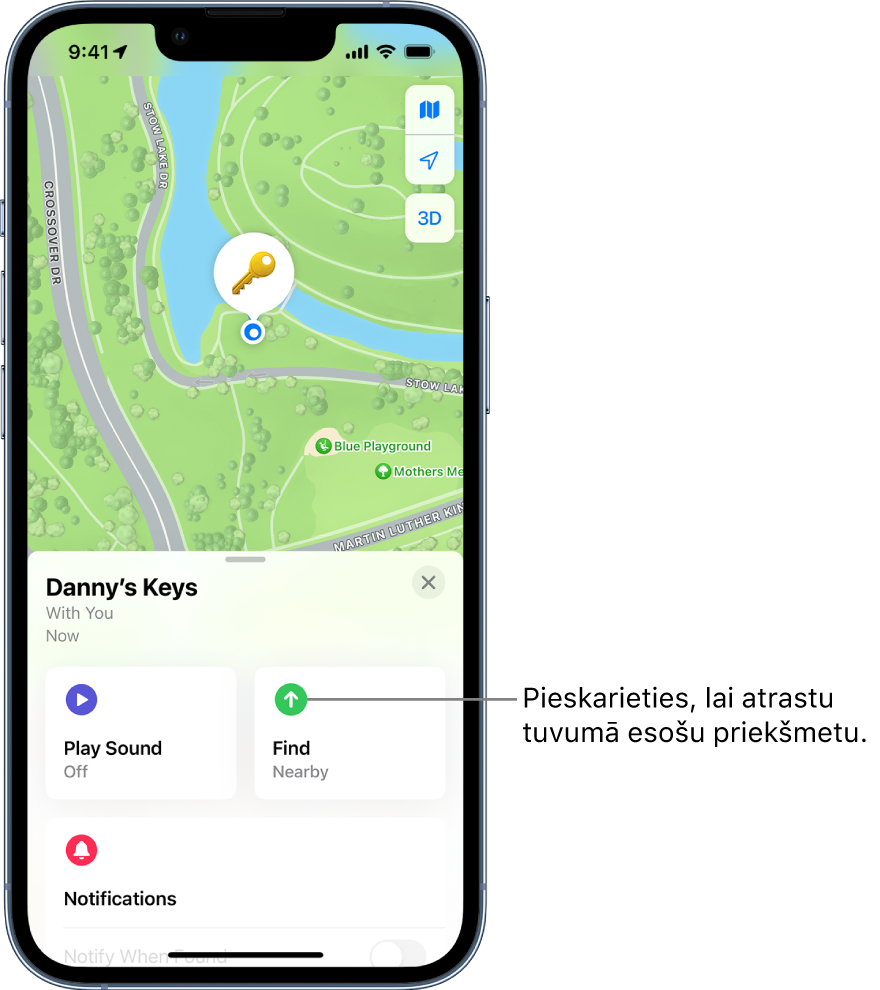 Atvērta lietotne Find My, kurā redzamas Danny atslēgas parkā Golden Gate Park. Pieskarieties pogai Find, lai atrastu tuvumā esošu vienumu.