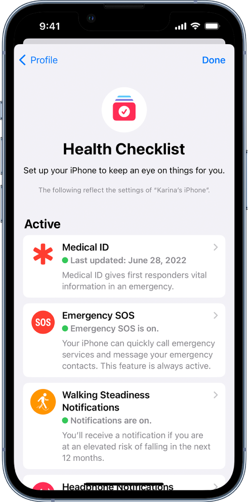 Ekrāns Health Checklist, kurā redzamas aktivizētas funkcijas Medical ID un Steadiness Notifications.