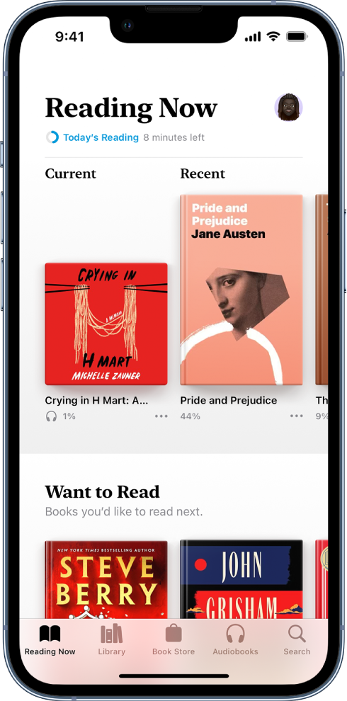 Lietotnē Books ir atvērts ekrāns Reading Now. Ekrāna apakšdaļā no kreisās puses uz labo ir cilnes Reading Now, Library, Book Store, Audiobooks un Search.