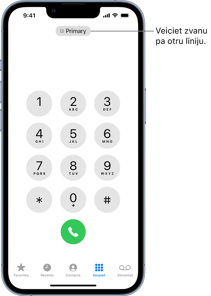 Lietotnes Phone ciparu tastatūra. Ekrāna apakšdaļā no kreisās puses uz labo ir izvietotas šādas cilnes: Favorites, Recents, Contacts, Keypad un Voicemail.