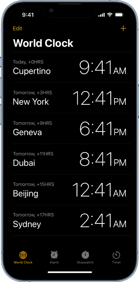 Cilne World Clock, kurā parādīts, cik pulkstenis dažādās pilsētās. Poga Edit augšējā kreisajā stūrī ļauj jums pārkārtot vai izdzēst pulksteņus. Poga Add augšējā labajā stūrī ļauj jums pievienot papildu pulksteņus. Apakšdaļā ir izkārtotas pogas World Clock, Alarm, Stopwatch un Timer.
