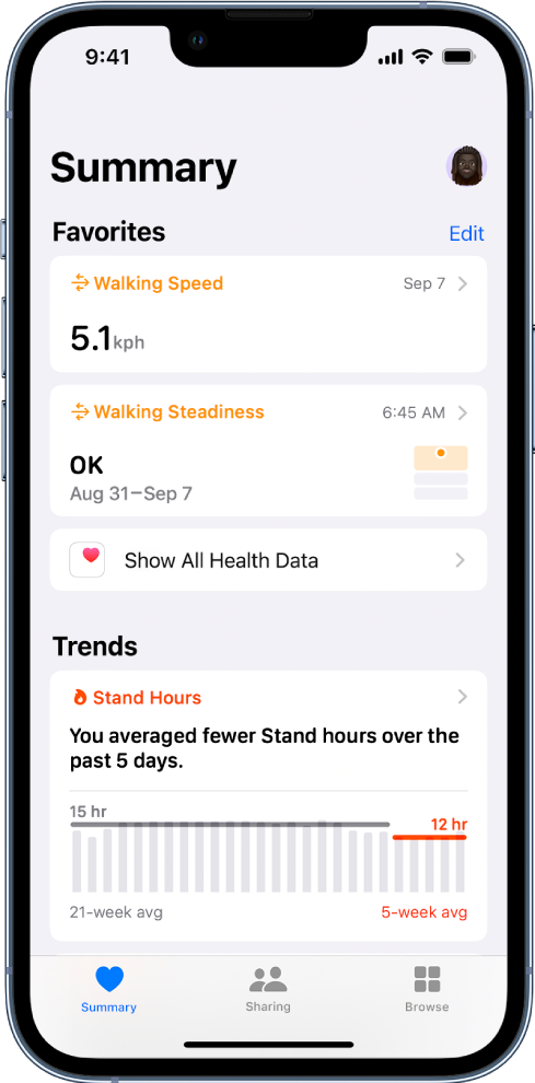 Ekrāns Summary, kura sadaļā Favorites redzami elementi Walking un Walking Steadiness, bet sadaļā Trends redzams elements Stand Hours.