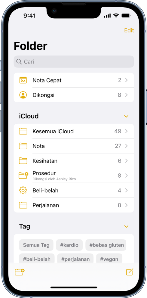 Senarai Folder dalam app Nota, dengan medan carian di bahagian atas.