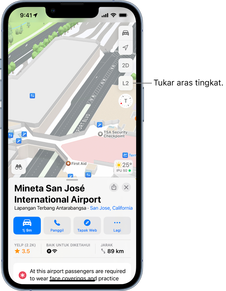 Peta dalaman terminal lapangan terbang. Peta menunjukkan tempat pemeriksaan keselamatan, eskalator, lif dan bantuan kecemasan.