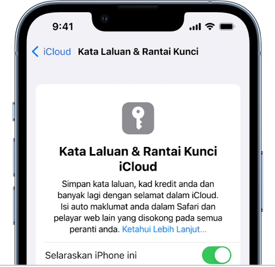 Skrin Kata Laluan iCloud dan Rantai Kunci, dengan seting untuk menyelaraskan iPhone ini.