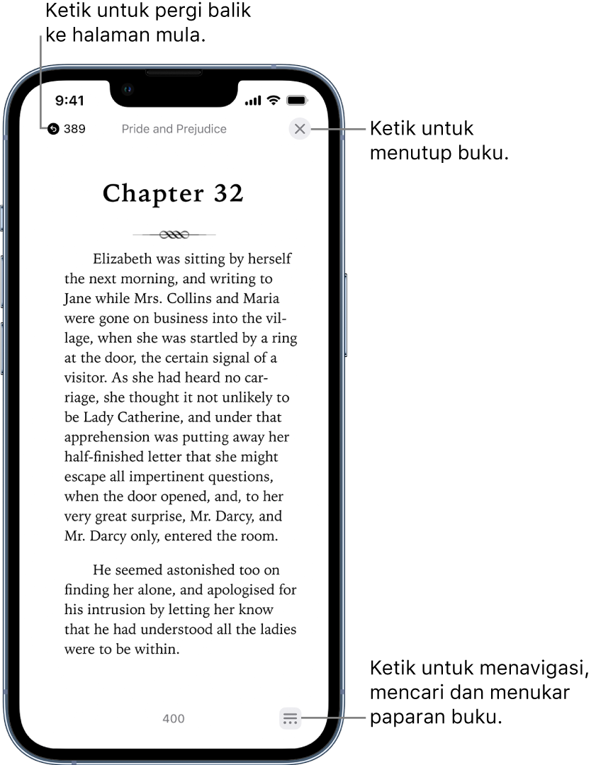 Halaman buku dalam app Buku. Di bahagian atas skrin ialah butang untuk kembali ke halaman yang anda mula membaca dan untuk menutup buku. Di bahagian kanan bawah skrin ialah butang Menu.