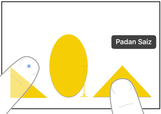 Ilustrasi menunjukkan dua jari tangan pada dua tangan memilih dan memadankan saiz dua item dalam Freeform.