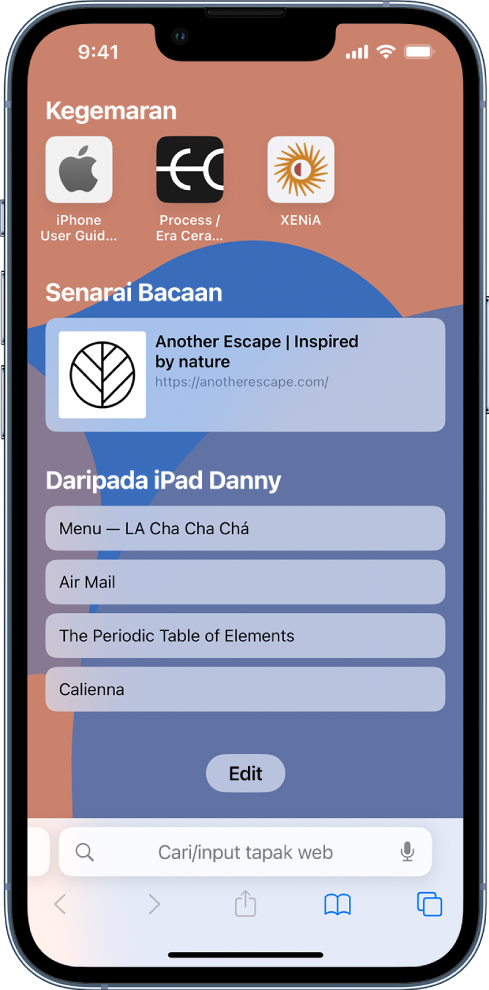 Halaman mula dalam Safari, yang menunjukkan tapak web kegemaran, tapak web disimpan pada Senarai Bacaan dan tapak web dibuka pada peranti Apple pengguna lain. Di bahagian bawah skrin ialah butang Edit.