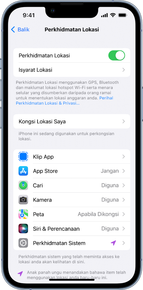 Skrin Perkhidmatan Lokasi, dengan seting untuk berkongsi lokasi iPhone anda, termasuk seting tersuai untuk app individu.