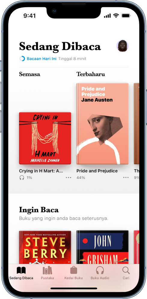 Skrin Sedang Baca dalam app Buku. Di bahagian bawah skrin ialah, daripada kiri ke kanan, tab Senarai Dibaca, Pustaka, Kedai Buku, Buku Audio dan Cari.