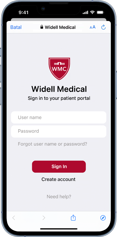 Skrin daftar masuk pesakit pada iPhone untuk organisasi perubatan.
