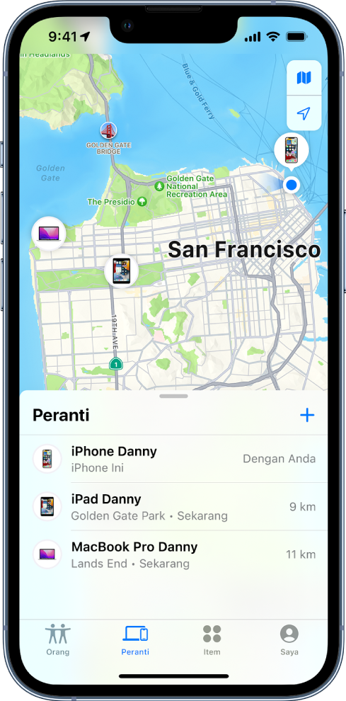 Skrin Cari terbuka pada senarai Peranti. Terdapat tiga peranti dalam senarai Peranti: iPhone Danny, iPad Danny dan MacBook Pro Danny. Lokasinya ditunjukkan pada peta San Francisco.