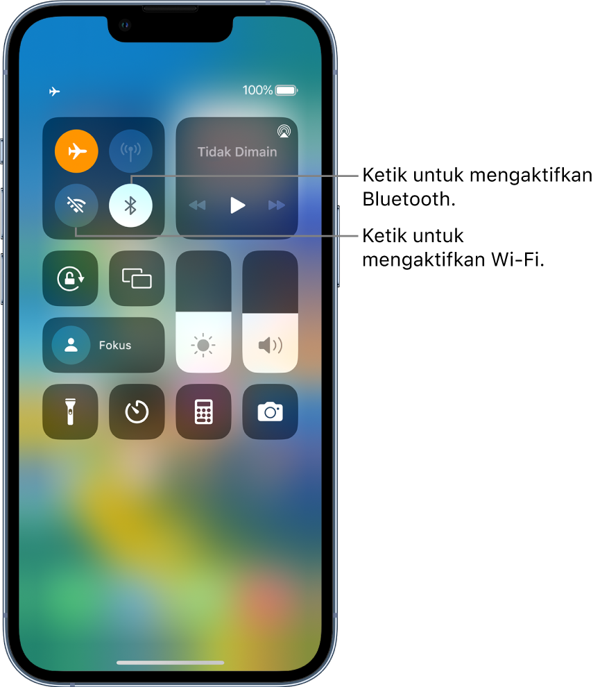 Pusat Kawalan dengan mod pesawat diaktifkan. Butang untuk mengaktifkan Wi-Fi dan Bluetooth berada berdekatan penjuru kiri atas Pusat Kawalan.