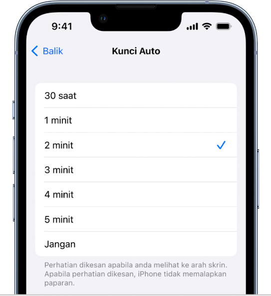 Skrin Kunci Auto, dengan seting untuk tempoh masa sebelum iPhone dikunci secara automatik.