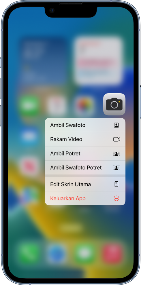 Skrin Utama dikaburkan, dengan menu tindakan cepat Kamera ditunjukkan di bawah app Kamera.