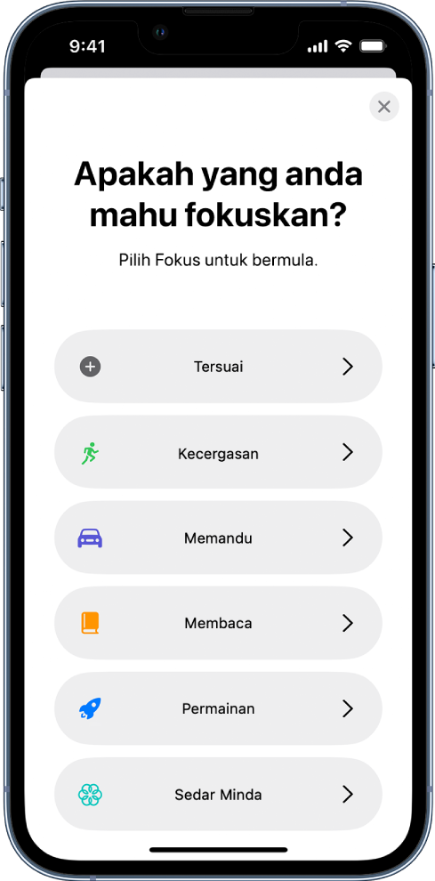 Skrin persediaan Fokus untuk satu daripada pilihan Fokus yang disediakan, termasuk Tersuai, Memandu, Kecergasan, Permainan, Sedar Minda dan Membaca.